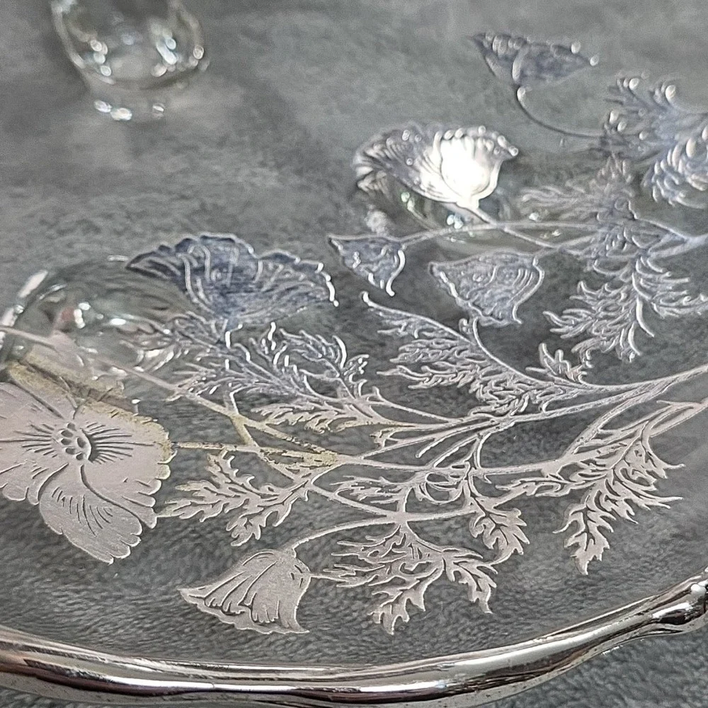Mid Century Sterling Silver Overlay Flanders Poppy Glass 7.5
